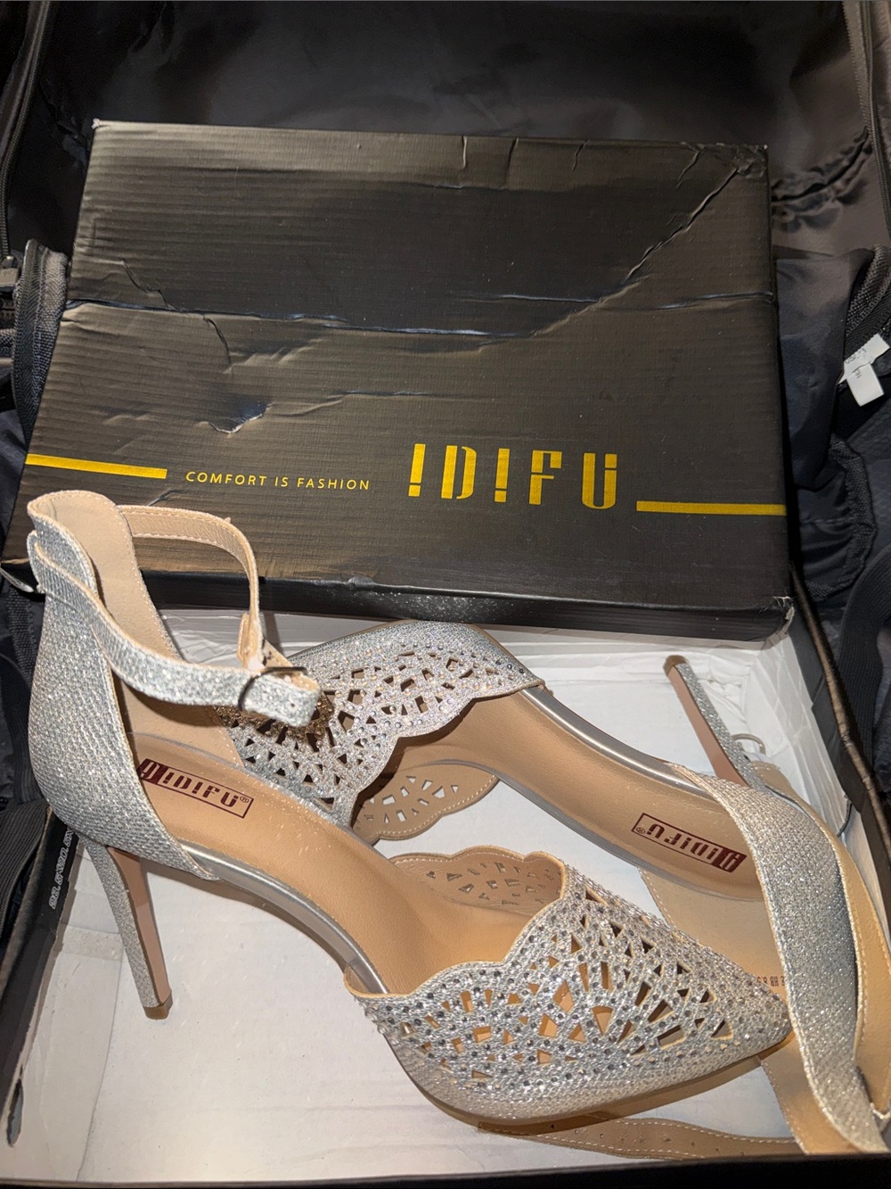 IDIFU Glittery Silver Laser-Cut Peep-Toe Slingback Heels